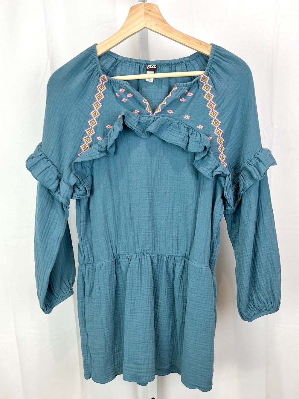 TEA COLLECTION Girls Sz 14 Embroidered Ruffle Dress Long Sleeve Short Skirt Blue